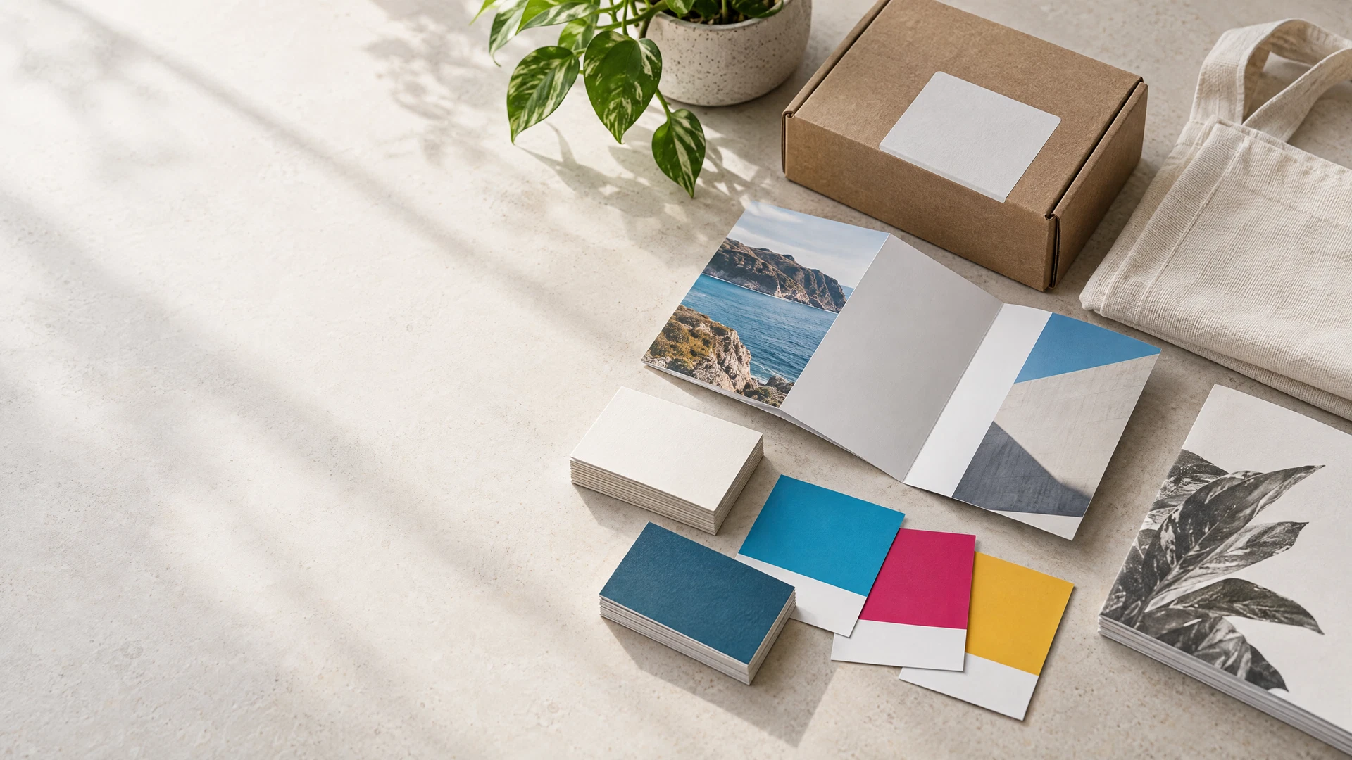 A collection of custom-printed stationery, packaging and merchandise